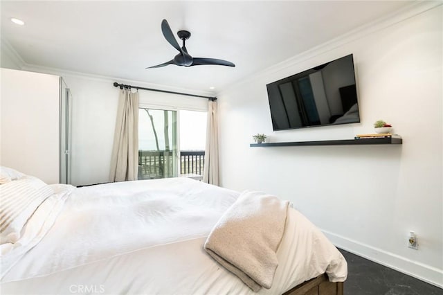 bedroom with baseboards, ornamental molding, a ceiling fan, and access to outside