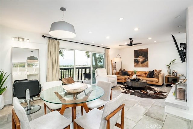 dining room with recessed lighting and ceiling fan