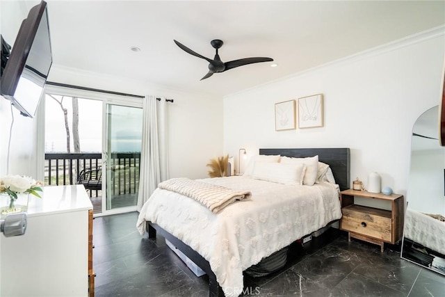 bedroom with arched walkways, ornamental molding, a ceiling fan, and access to outside