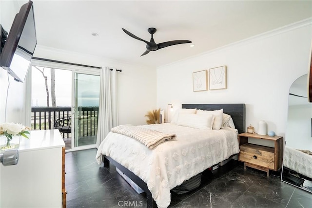 1222 Las Arenas Way Unit 23, Costa Mesa, CA 92627 - bedroom with arched walkways, a ceiling fan, access to outside, and ornamental molding