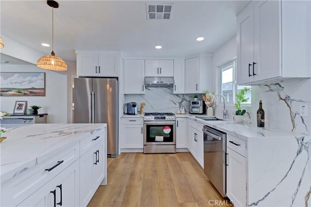 kitchen featuring light wood-type flooring, visible vents, under cabinet range hood, a sink, and stainless steel appliances