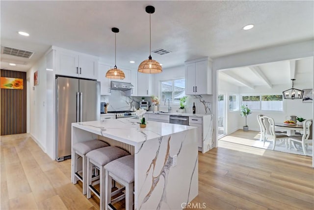 kitchen featuring under cabinet range hood, visible vents, light wood finished floors, and stainless steel appliances