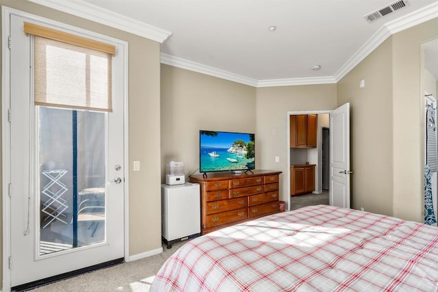 bedroom featuring access to exterior, visible vents, crown molding, and carpet