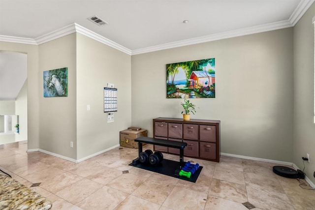 interior space featuring baseboards, visible vents, and ornamental molding