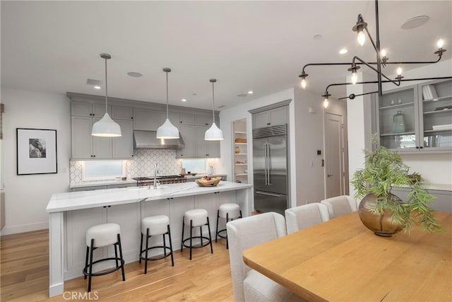 kitchen with backsplash, gray cabinetry, wall chimney range hood, built in refrigerator, and a kitchen island with sink