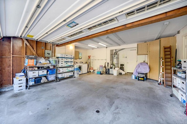 garage featuring water heater