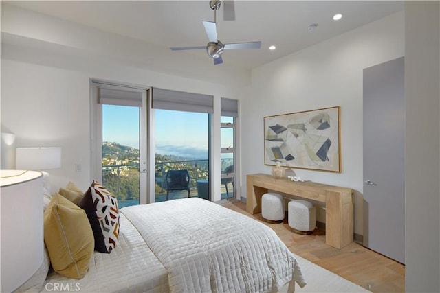 bedroom with access to outside, recessed lighting, light wood-style flooring, and ceiling fan