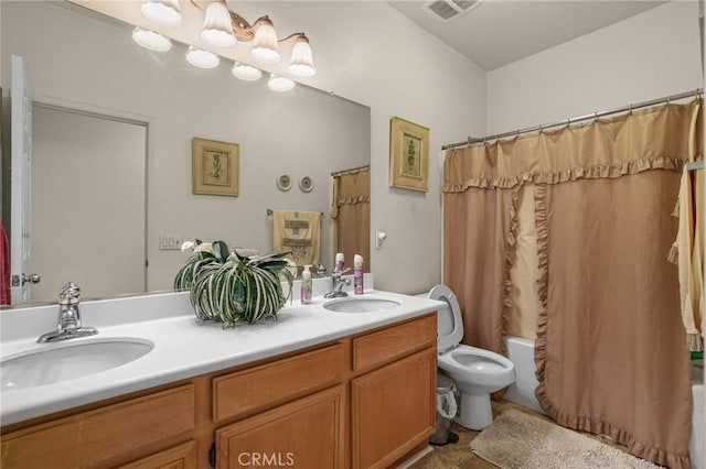 full bath featuring shower / bath combination with curtain, double vanity, visible vents, and a sink