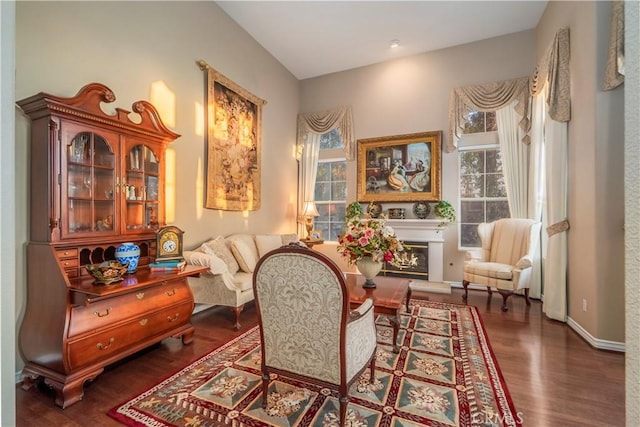 living area with baseboards, a glass covered fireplace, and wood finished floors