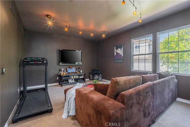 living room with rail lighting, carpet, and baseboards