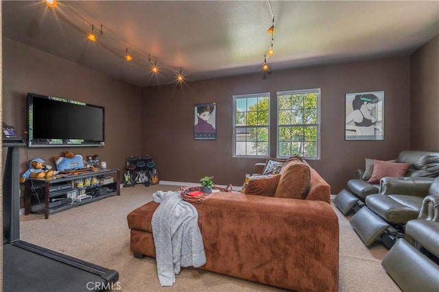 carpeted living area featuring track lighting