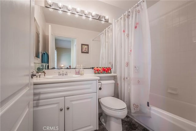 bathroom featuring toilet, shower / bathtub combination with curtain, and vanity