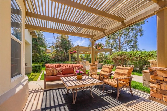view of patio / terrace with an outdoor living space and a pergola