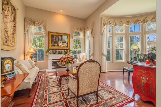 living area featuring baseboards, a glass covered fireplace, and wood finished floors