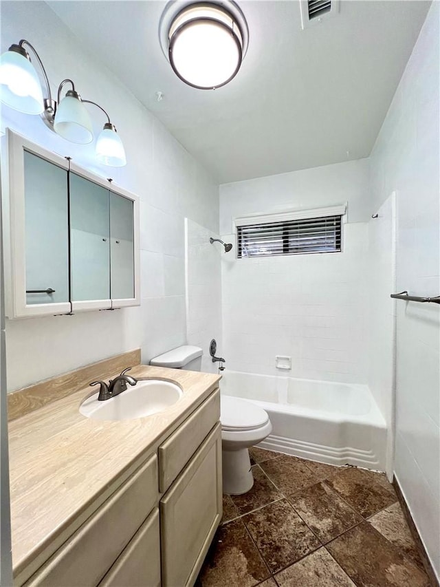 full bathroom featuring vanity, visible vents, tile walls, toilet, and shower / bathtub combination