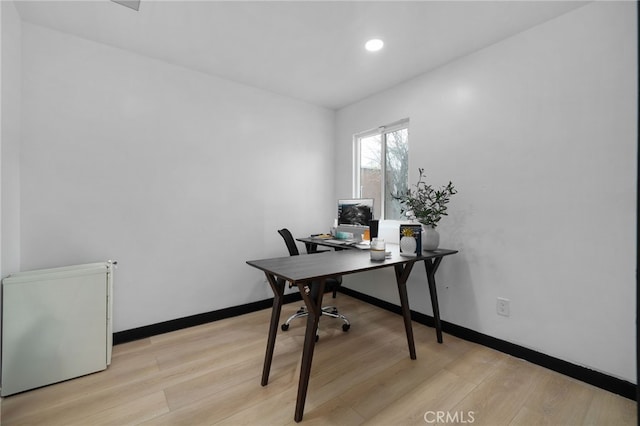 office with recessed lighting, baseboards, and light wood-type flooring