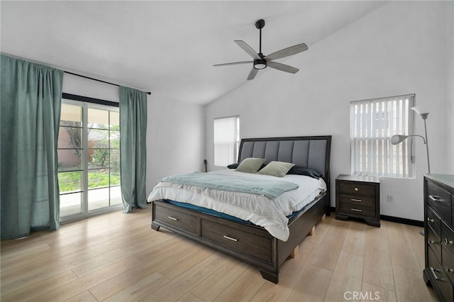 bedroom featuring high vaulted ceiling, light wood-style flooring, access to outside, baseboards, and ceiling fan