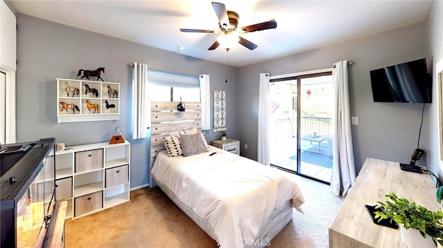 bedroom with light carpet, baseboards, ceiling fan, and access to outside