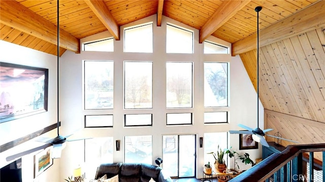 living area featuring beam ceiling, high vaulted ceiling, wood ceiling, and ceiling fan