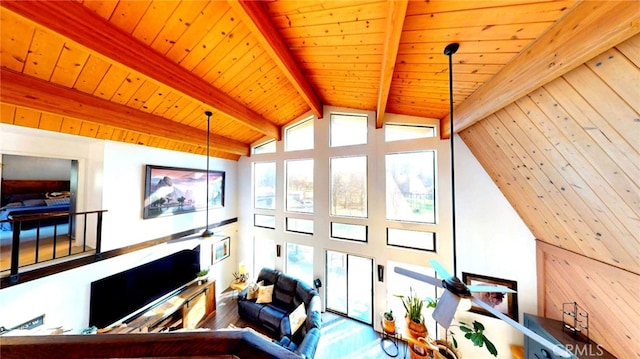 living room with wooden ceiling, beamed ceiling, and high vaulted ceiling