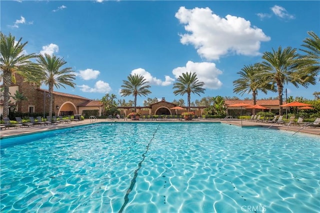 pool with a patio