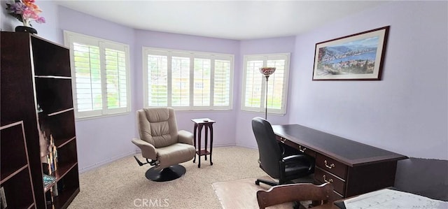 carpeted office space featuring baseboards