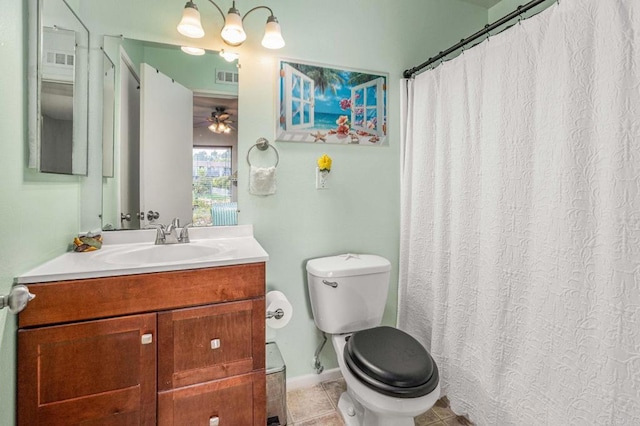 bathroom featuring tile patterned flooring, visible vents, toilet, and vanity