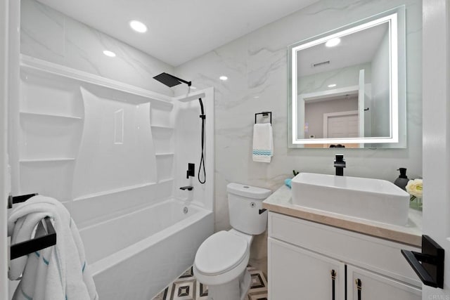 bathroom with visible vents, toilet, recessed lighting, bathing tub / shower combination, and vanity