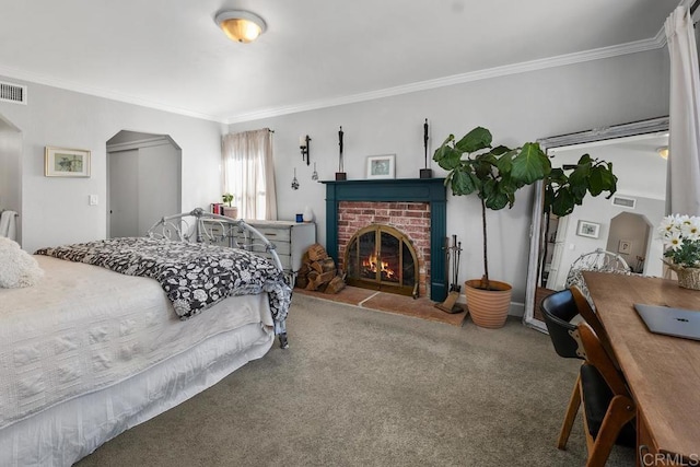 carpeted bedroom featuring arched walkways, visible vents, a fireplace, and ornamental molding