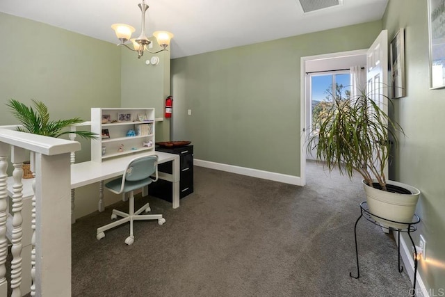 carpeted home office featuring a chandelier, visible vents, and baseboards