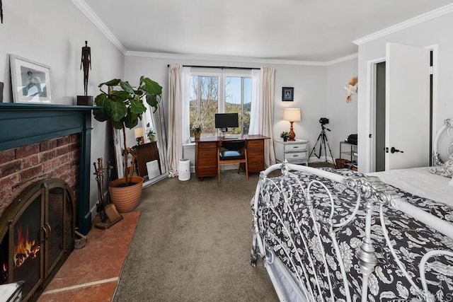 carpeted bedroom with crown molding and a fireplace