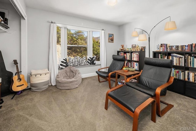 sitting room with baseboards and carpet floors