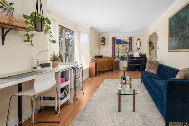 living area featuring wood finished floors, arched walkways, and ornamental molding