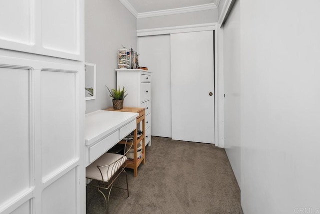 office area with carpet floors and crown molding