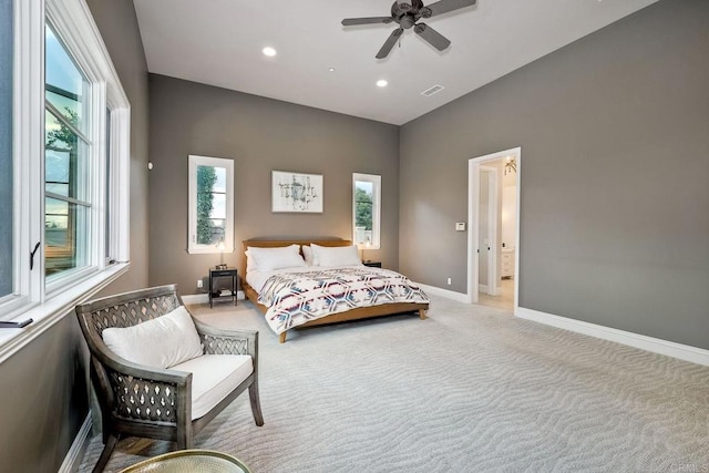 carpeted bedroom featuring recessed lighting, visible vents, baseboards, and ceiling fan