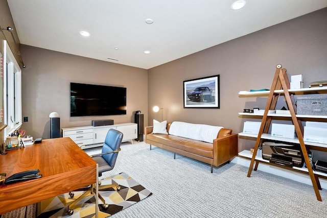 office area with light carpet and recessed lighting