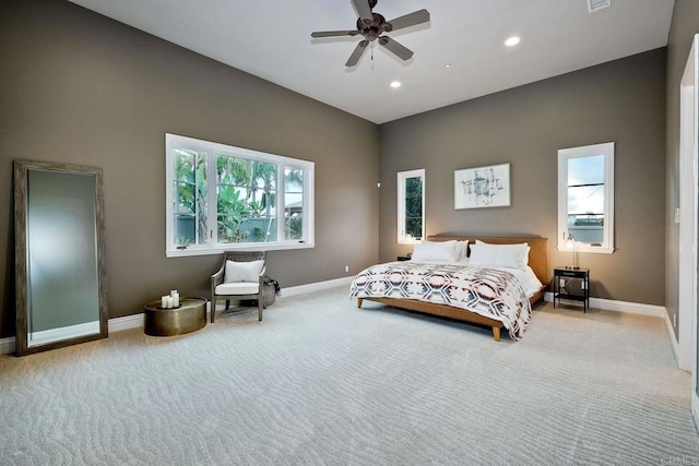 bedroom with recessed lighting, baseboards, carpet floors, and ceiling fan