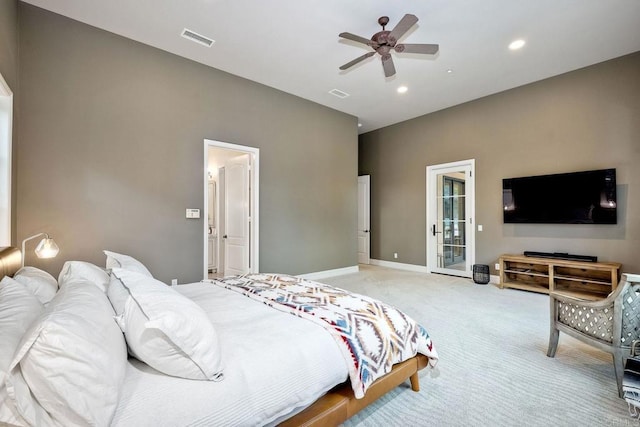 bedroom with baseboards, visible vents, recessed lighting, access to exterior, and light carpet