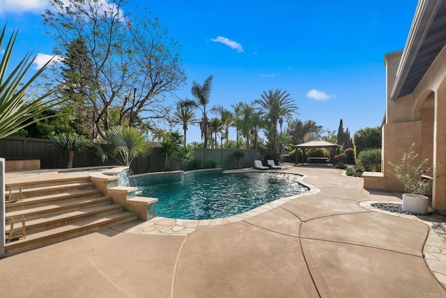 view of swimming pool with a gazebo, a fenced backyard, a fenced in pool, and a patio