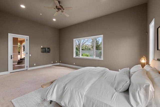 bedroom with carpet floors, recessed lighting, baseboards, and a ceiling fan