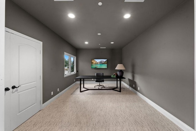 carpeted home office featuring recessed lighting and baseboards