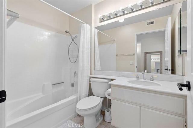 bathroom with tile patterned flooring, visible vents, toilet, shower / tub combo with curtain, and vanity