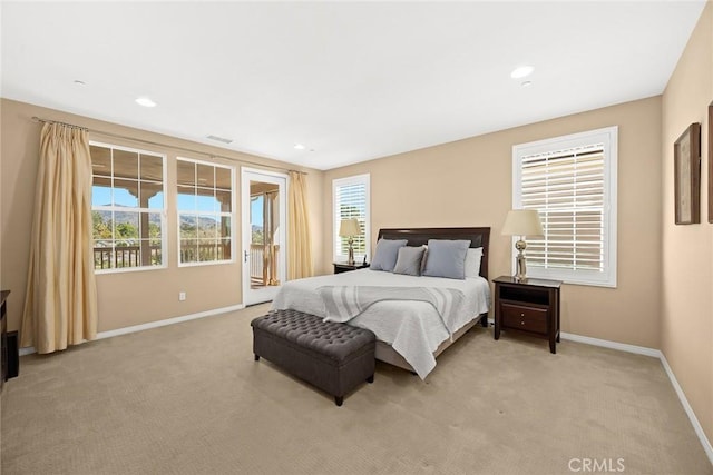 bedroom featuring access to outside, recessed lighting, baseboards, and light carpet