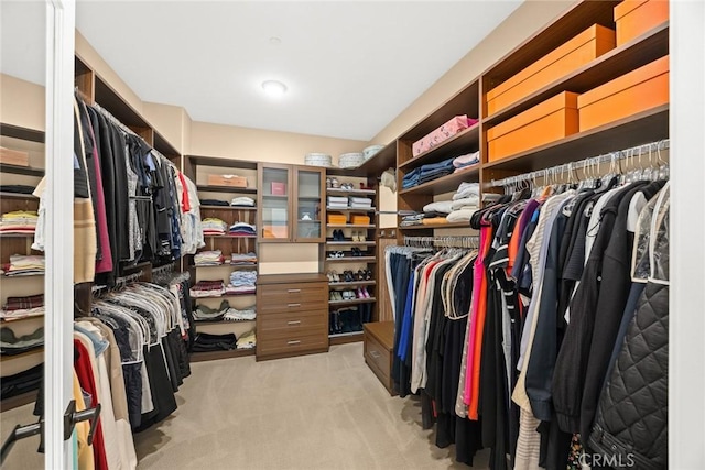 walk in closet with light carpet