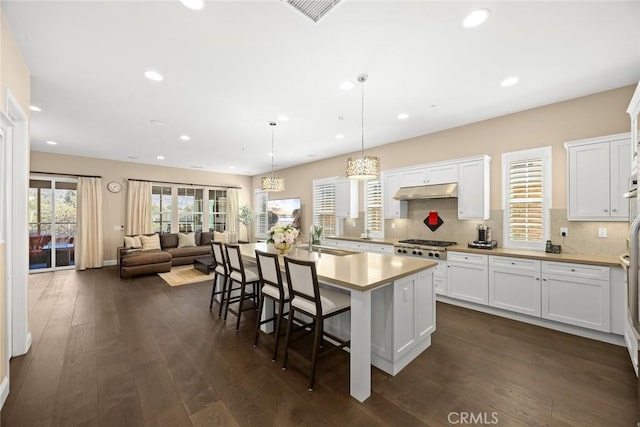 kitchen featuring a sink, visible vents, tasteful backsplash, and dark wood-style floors