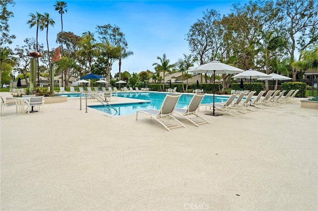 community pool with a patio area