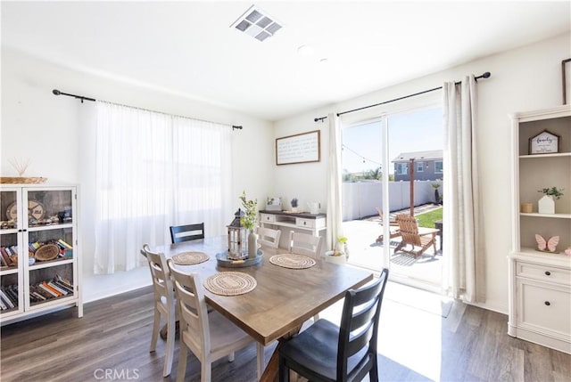 dining area with wood finished floors and visible vents