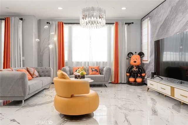 living room featuring recessed lighting, marble finish floor, and an inviting chandelier