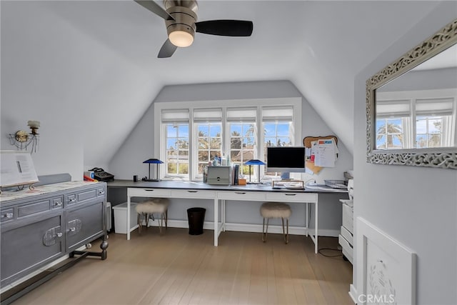 office with ceiling fan, lofted ceiling, and wood finished floors