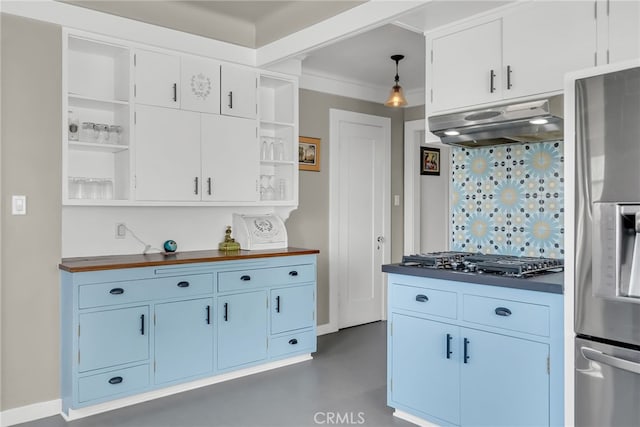 kitchen featuring open shelves, white cabinets, under cabinet range hood, and stainless steel appliances